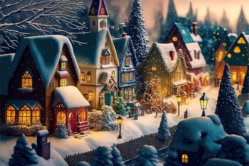 a toy christmas village in the snow