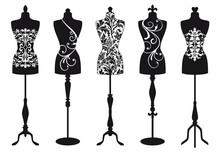Vintage Fashion Mannequins, Dress Forms, Tailor's Dummy, Dressmaker, Designer, Black And White Silhouette, Illustration Over A Transparent Background, PNG Image