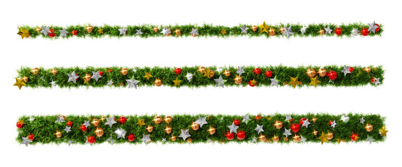 beautiful christmas wreath like line set with shiny stars and colorful orbs, on transparent backgrou