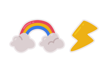 Wall Mural - Rainbow with Clouds and Yellow Lightning as Cute Fashion Sticker and Patch Vector Set