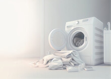 Generic White Washing Machine With Pile Of Laundry Clothes With Copy Space