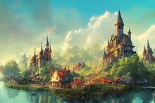 Small Fairy Tale Town. Fiction Backdrop. Concept Art. Realistic Illustration. Video Game Digital CG Artwork. Industry Scenery.