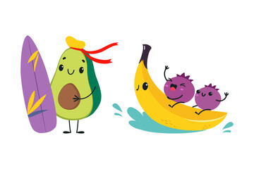 Poster - Avocado and Banana as Summer Fruit Character with Surfboard and Swimming in Water Vector Set