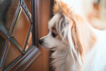 Papillon Dog Looking Through Glass Door 