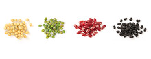 Set Of Mixed Beans . Soybeans , Mung Beans , Kidney Beans And Black Beans Isolated On White Background.