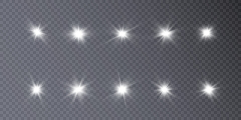 Set of bright white light effects. Bright sun on transparent background for Christmas and New Year design.