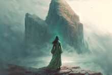 A Mysterious Woman Stands On A Rock
