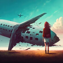 A Girl Stands In Front Of A Crashed Plane