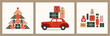 © Lidiia Naumova - Set of Christmas banners in geometric style. A stylized Christmas tree, a red festive car with gifts and a set of various gift boxes.