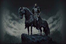 Dark Rider On A Horse Stands On A Rock, Dark Fantasy Illustration
