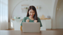 Excited Asian Female Feeling Euphoric Celebrating Online Win Success Achievement Result, Young Woman Happy About Good Email News, Motivated By Great Offer Or New Opportunity, Passed Exam, Got A Job