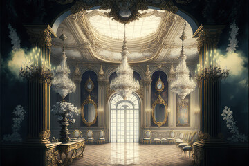 an empty glamorous rococo baroque ballroom 