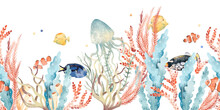 Watercolor Horizontal Seamless Border, Colorful Illustration Of Sea Underwater Plants, Fish, Seaweeds, Ocean Coral Reef. Aquarium Decor. Wildlife Marine Floral Elements Isolated On White Background.