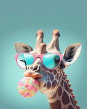 Giraffe Wearing Glasses Blowing Bubble With Pink Bubble Gum, AI Assisted Finalized In Photoshop By Me