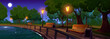 © klyaksun - Riverside night park lane with benches and illuminated light posts under green trees growing along river. Cartoon vector illustration of beautiful public garden under dark sky with stars and full moon