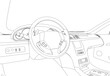 The contour of the car interior inside from black lines isolated on a white background. View from the front seat. 3D. Vector illustration.