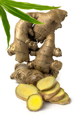 ginger rhizome with sliced and green leaves isolated on white background.