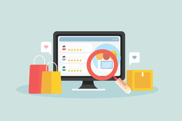 Wall Mural - examine customer reviews on computer screen before buying from ecommerce store, shopping bag and del