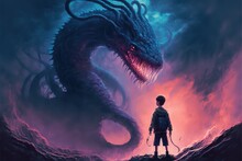 Kid Stands In Front Of A Giant Monster, Lovecraft Illustration