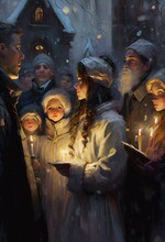 Christmas Carol Caroling, Choir Outside Candle Vintage Pastime Love Peace Harmony Together