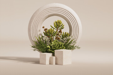 stone podium, cosmetic display stand with nature leaves on white background. succulents and cactus w