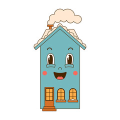 A groovy house character with windows like eyes in winter time in cartoon style isolated on white background.