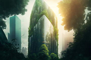 Green city - double exposure of lush green forest and modern skyscrapers windows