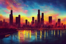 A Beautiful Digital Artwork Of Chicago, Illinois, USA Sightseeing Cruise And Skyline On The River. Digital Art Style, Illustration Painting.