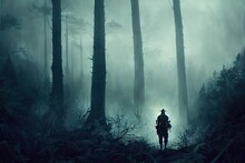 Two Futuristic Soldiers In An Abandoned Forest, Digital Art Style, Illustration Painting.