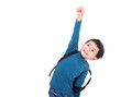 Happy asian little boy student raising hand