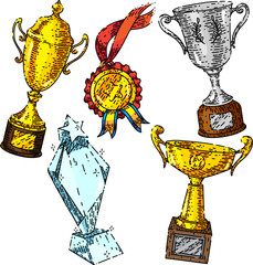 Wall Mural - trophy cup set hand drawn vector. award winner, champion prize, victory win, sport competition, first place medal trophy cup sketch. isolated color illustration