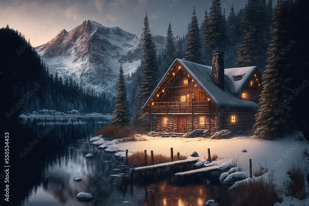 AI generated image of a log cabin in snow-covered woods Stock ...
