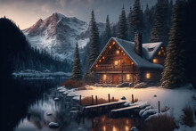 AI Generated Image Of A Log Cabin In Snow-covered Woods	