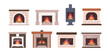 © Good Studio - Home fireplaces set. Burning flame in firesides of different design. Fire places, warm hearths, furnace with light, firewood, wood logs, grate. Flat vector illustrations isolated on white background