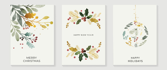 Wall Mural - Luxury christmas and happy new year holiday cover template vector set. Watercolor winter leaf branch and bauble ball on white background. Design for card, corporate, greeting, wallpaper, poster.