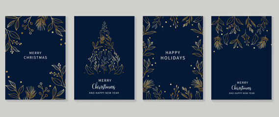 Luxury christmas and happy new year holiday cover template vector set. Gradient gold winter leaf branch line art on dark blue background. Design for card, corporate, greeting, wallpaper, poster.
