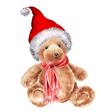 Watercolor Christmas Teddy Bear In Santa Hat