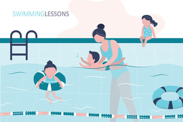 Coach woman teaching children, swimming class. School kids group in swimming pool. Happy small kids characters in poolside, wearing rubber rings, training, learning to swim.