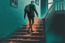A Man Walks Down The Stairs In A Burning House, Horror Illustration