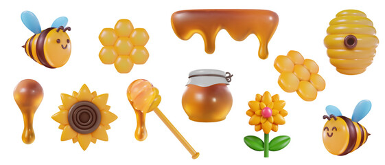 3d cartoon honey liquid, bee, hive, flower, honeycomb in vector realistic funny style. Collection modern plasticine or glossy clay design object. Sweet colorful illustration on white background.