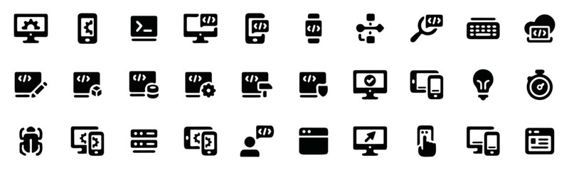 Programming icon pack, Coding solid icon, vector illustration, code icon set, web developer, web design, web icon set