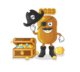 Sticker - 2023 new year pirate with treasure mascot. cartoon vector