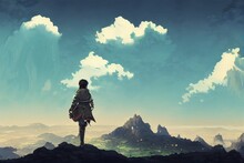 Adventurer Walking On A Mountain Path. A Warrior Fantasy Character With A Sword And Back Exploring. A Knight Walking In The Kingdom. Epic Landscape. Anime, Cartoon Digital Artwork Painting.