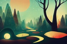 Illustration Night Comes In The Forest. Every Creature Is Going To Fall Asleep. Realistic Fantastic Cartoon Style Scene Wallpaper Background Design.