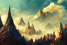 Above The God's Mountain. Video Game's Digital CG Artwork, Concept Illustration, Realistic Cartoon Style Background