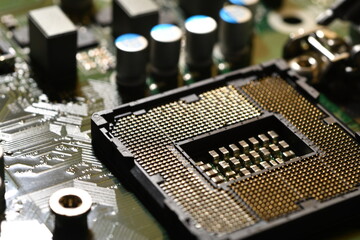 Detail of electronic components on a modern pc motherboard