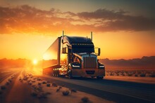 Truck Driving On The Road, Transportation Business, Highway Transit, Trucking In America, Modern Wagon Truck Transports Cargo Against The Backdrop Of A Sunset, Route 66
