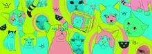 Fashion Minimal Illustration Art. 90s Acid Cat Power Banner. Trendy Trippy Design