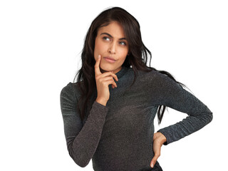 PNG Shot of a beautiful young woman looking thoughtful while standing against a white background