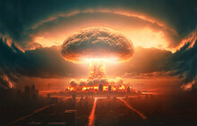 A Nuclear Explosion In The Center Of The Metropolis. The Beginning Of Apocalepsis. Realistic Digital Illustration. Fantastic Background. Concept Art. CG Artwork.